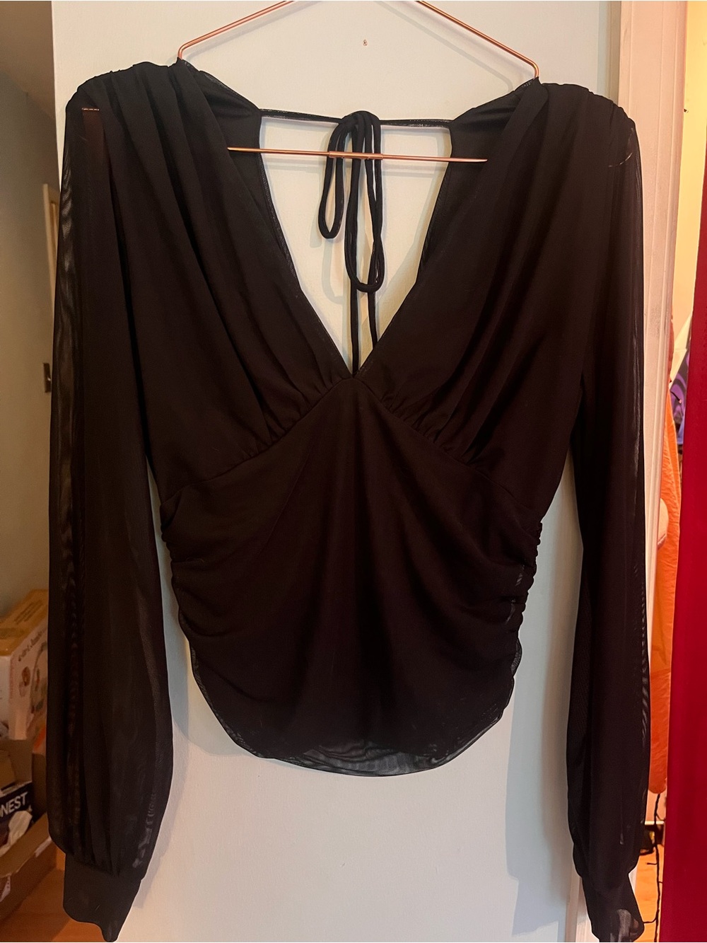Forever 21 Black V-Neck Tie-Back Sheer Sleeve Blouse
